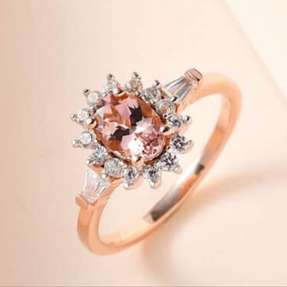 Genuine Blush Tourmaline & White Zircon Rose Gold over 925 Sz 9 - Picture 2 of 8